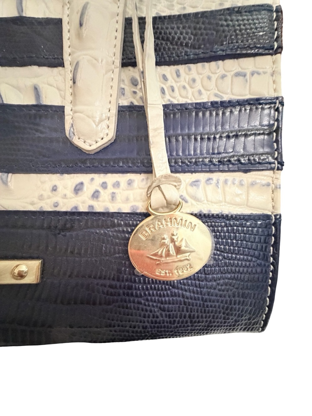 Brahmin navy & white striped melbourne croc embossed satchel + wallet set - Picture 6 of 10